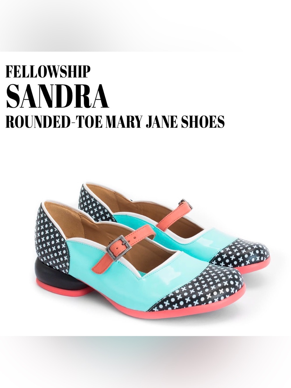 Fluevog EXCELLENT Fellowship Sandra turquoise/B&W x/o MJ buckle flat-7.5 (fit 7)
